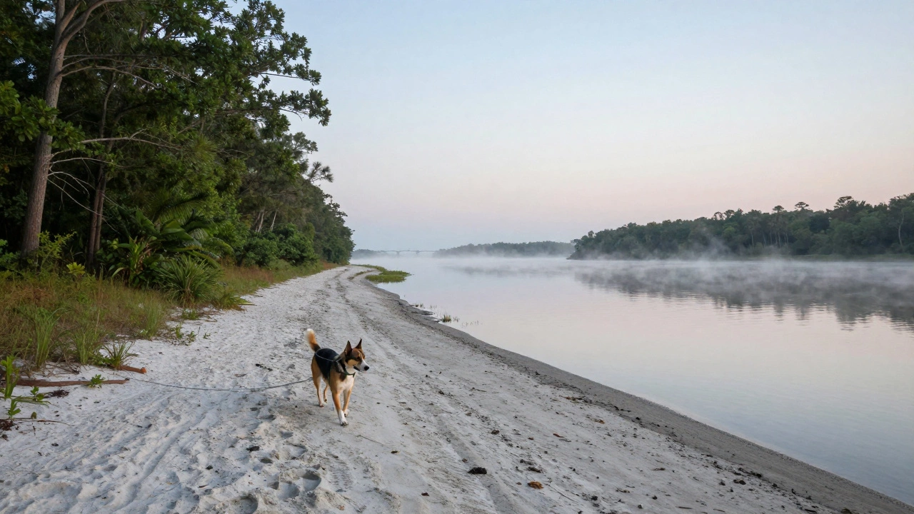Dog walking by Cape Fear River in Wilmington