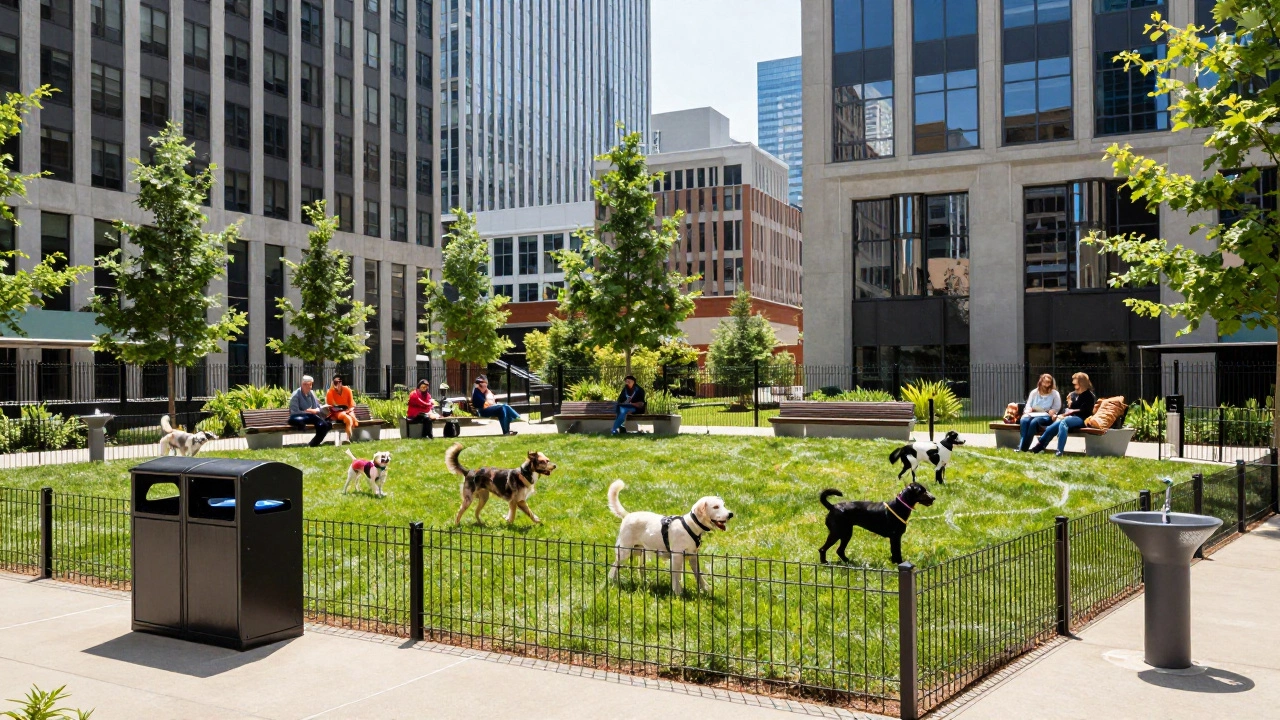 Dogs playing in Charlotte urban park near skyline