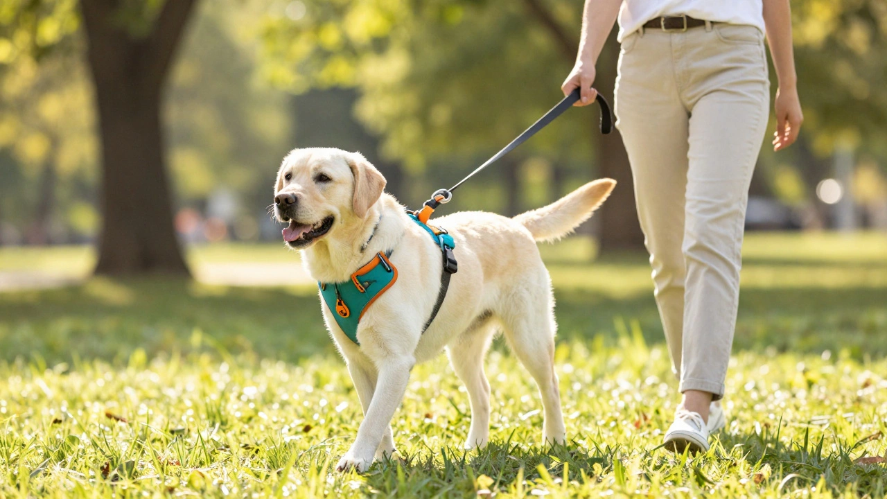 Happy dog walking calmly with owner using a front-clip harness