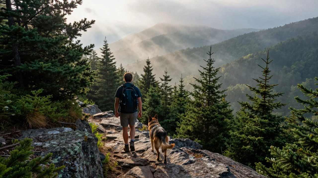 Hiker and dog walking on misty trail in Blue Ridge Mountains