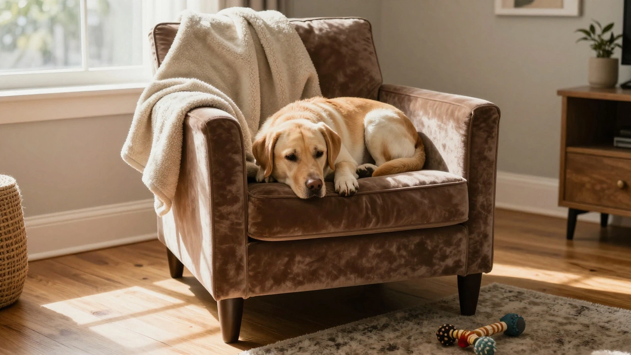 Labrador resting on a blanket-covered armchair in a living room
