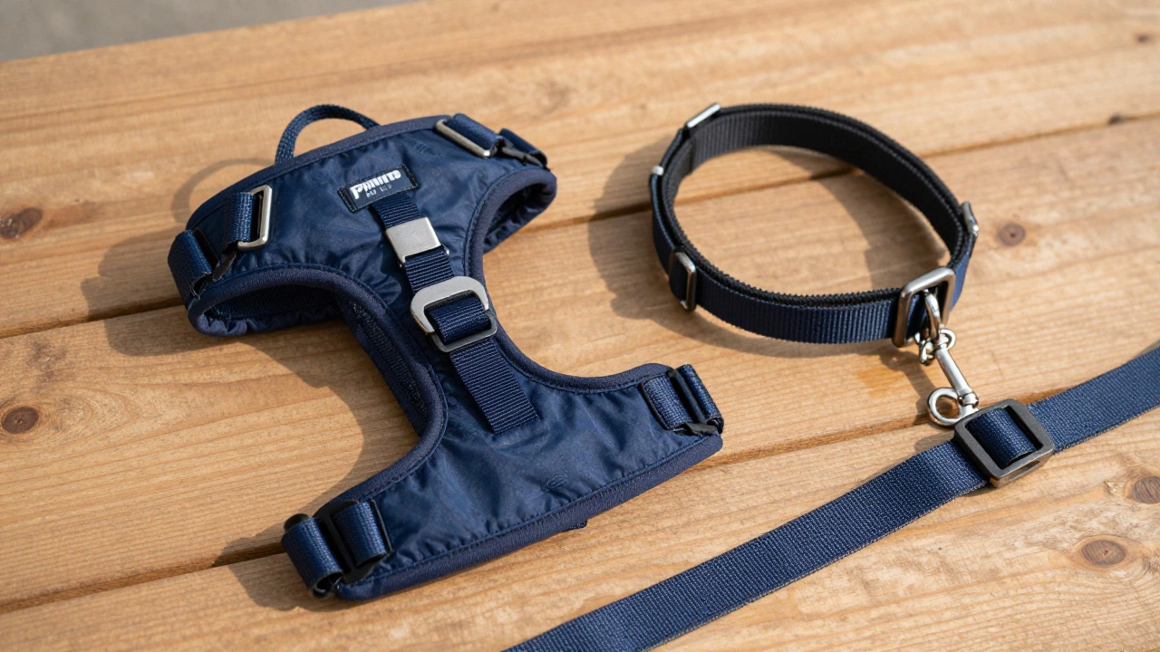No-pull harness and head halter gear displayed on wood