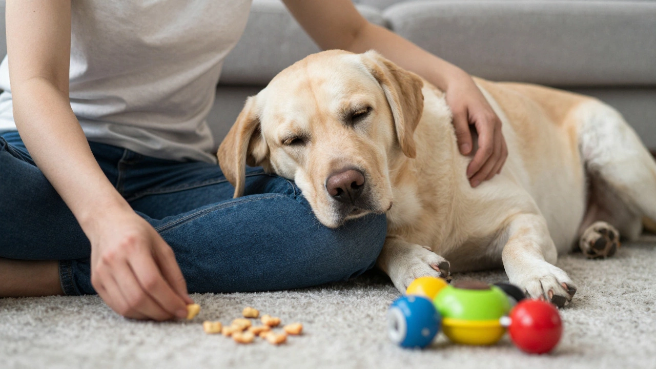 Person sitting calmly with dog, sharing treats and slow blinks