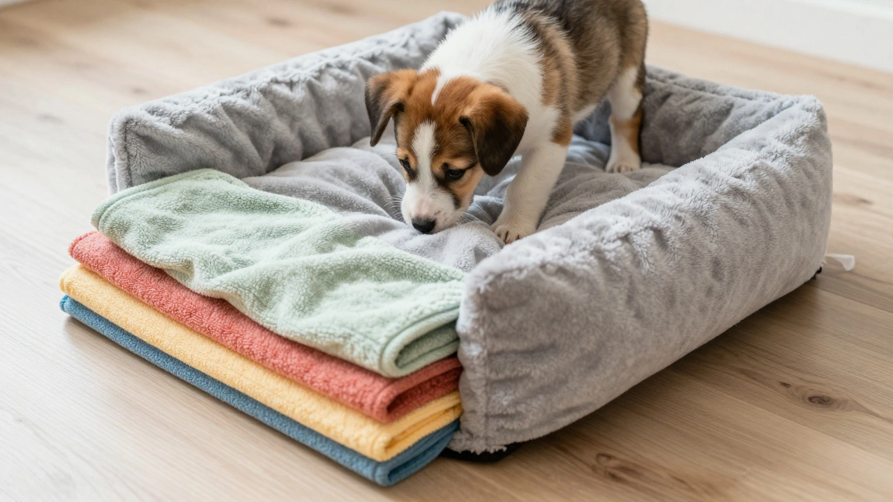Puppy burrowing into a pile of folded towels and blankets