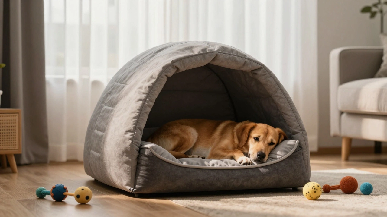 Relaxed dog sleeping in a cave-style cocoon bed