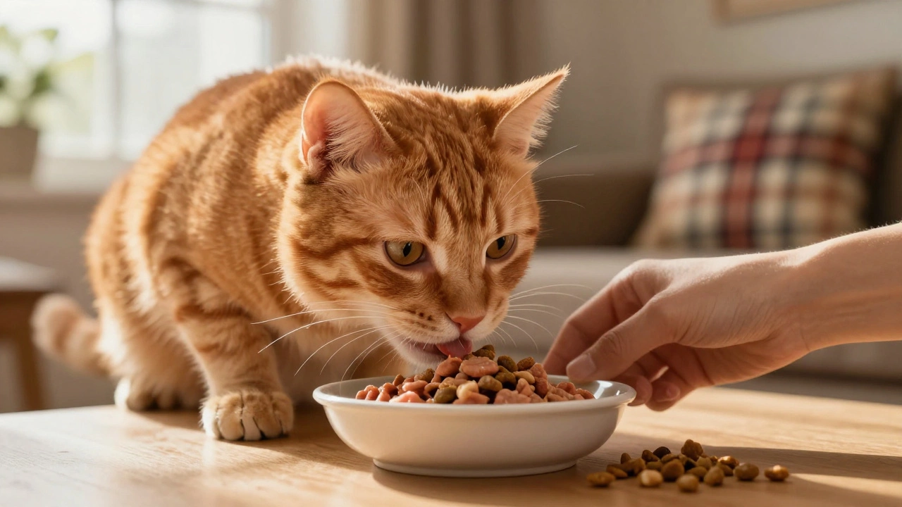 Senior cat enjoying wet food while ignoring dry kibble in sunny room