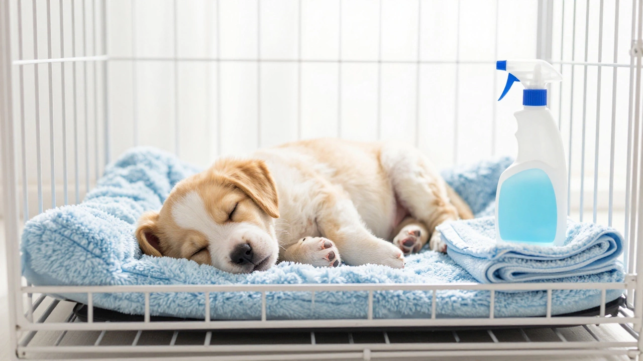 Sleeping puppy in crate with cleaning supplies nearby