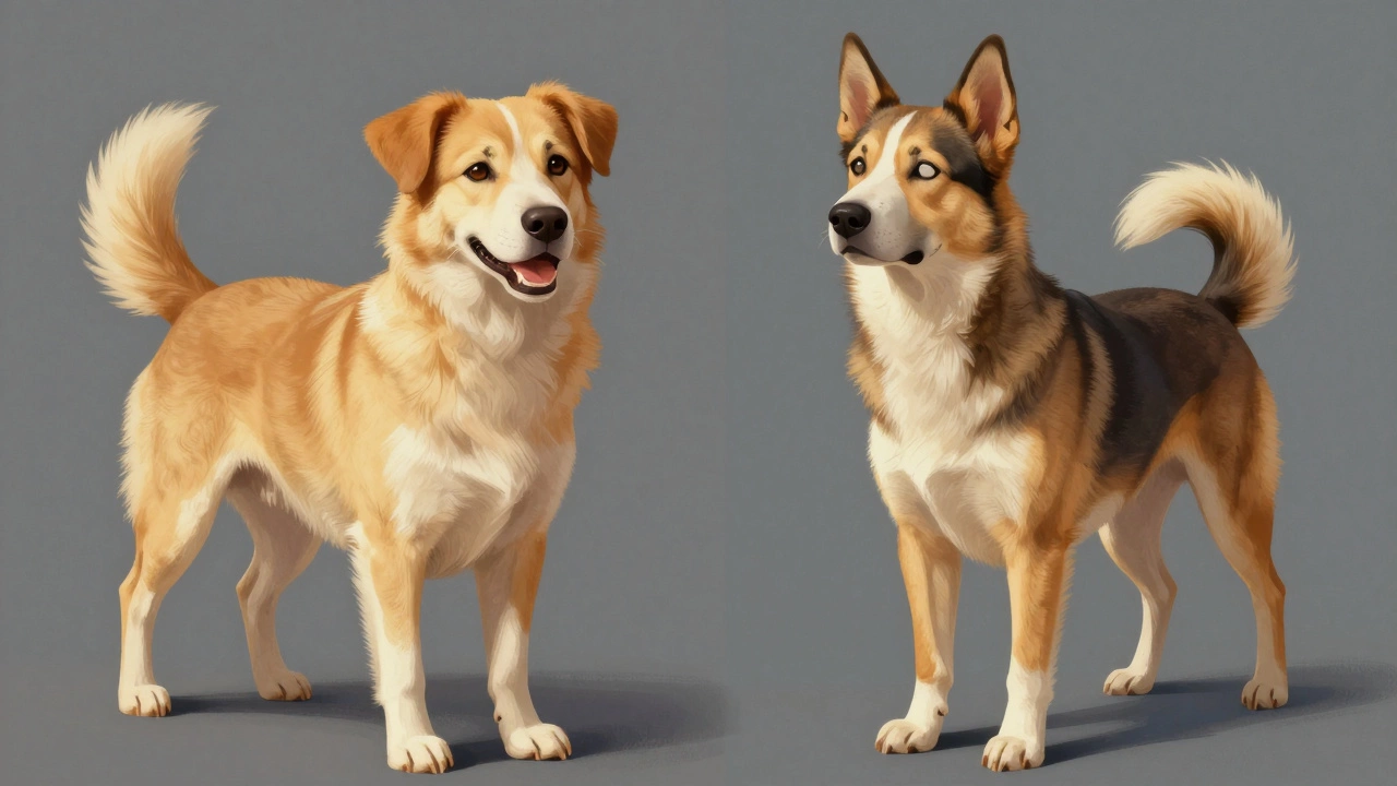 Split image showing happy vs stressed dog body language signals