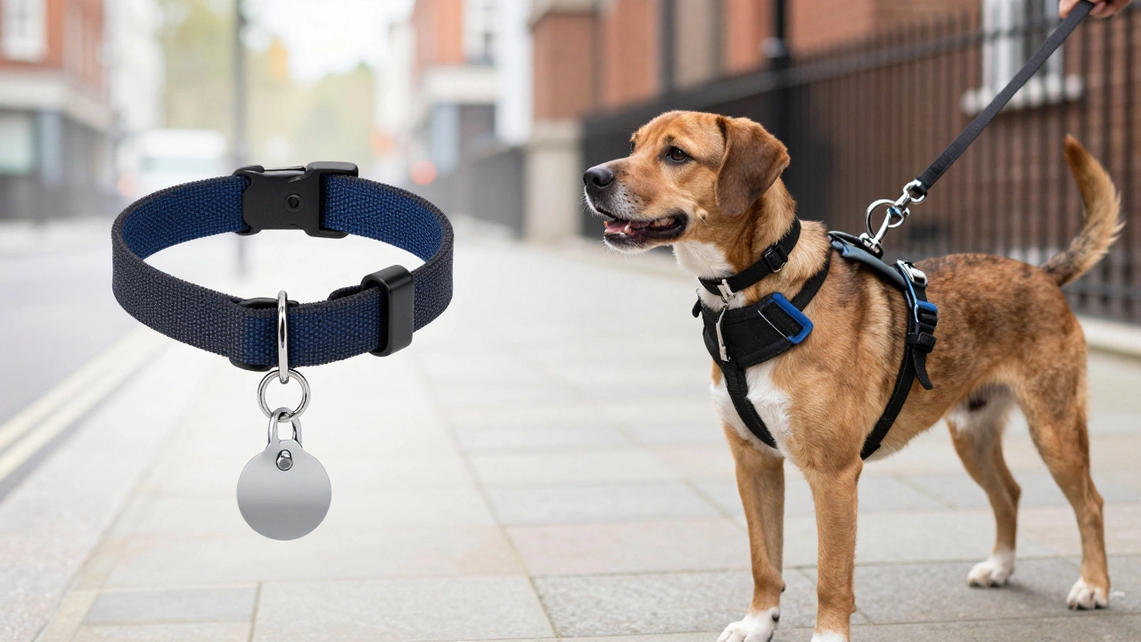 Split view of dog ID collar and walking harness gear