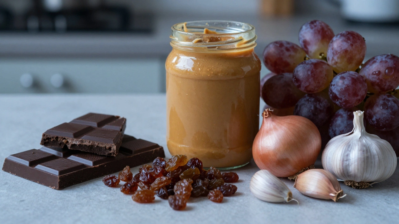 Arrangement of toxic foods for dogs including chocolate, grapes, and onions
