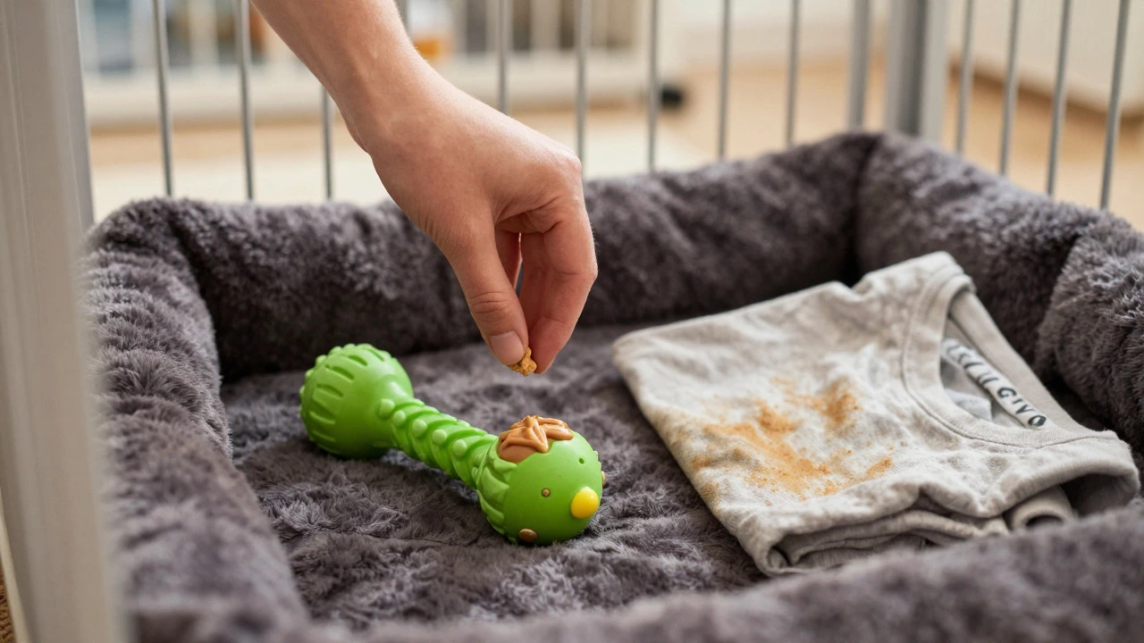 Close-up of a puppy crate with bedding, toys, and treats inside