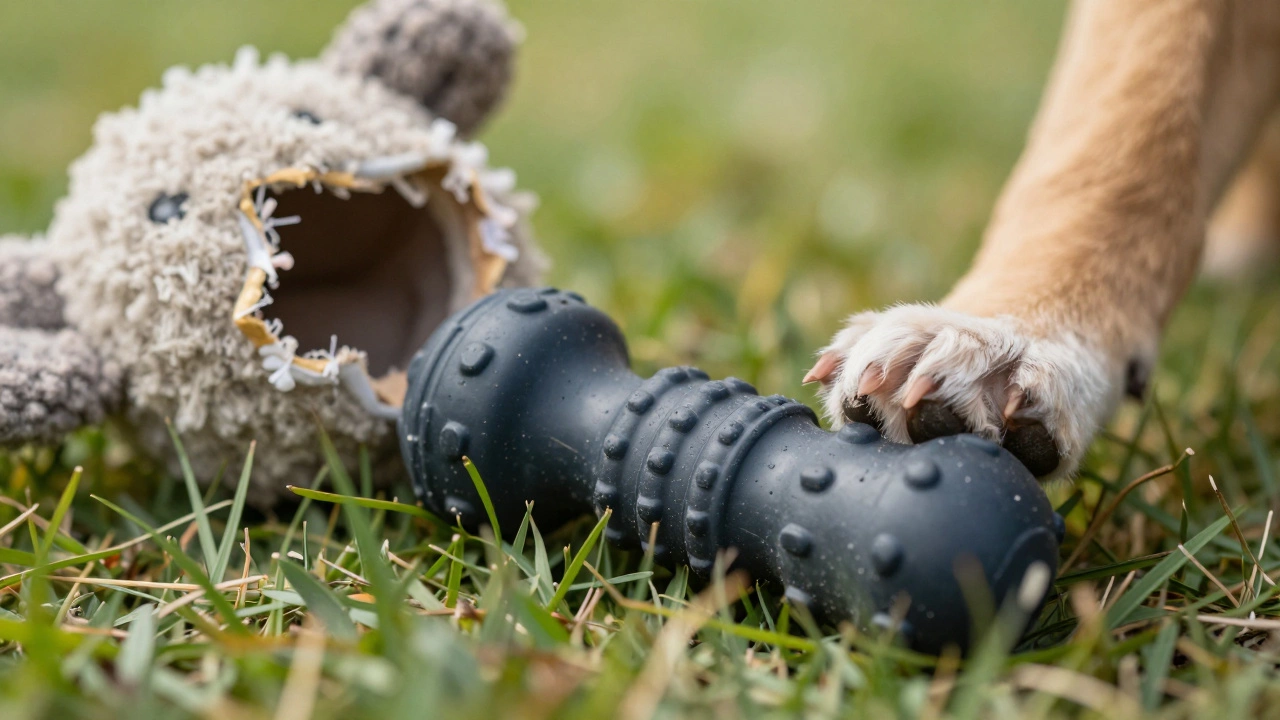 Close up of durable rubber chew toy vs torn plush toy