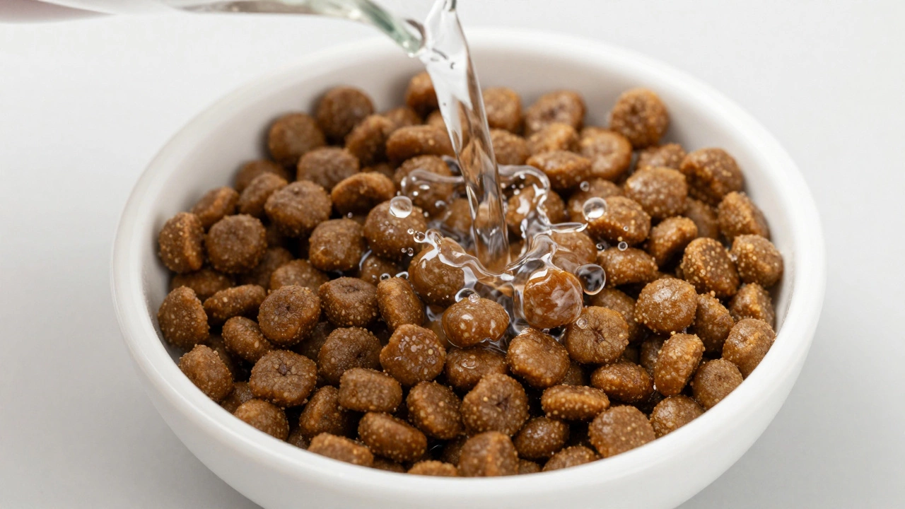 Close-up of water being poured over dry cat food in a white ceramic bowl.