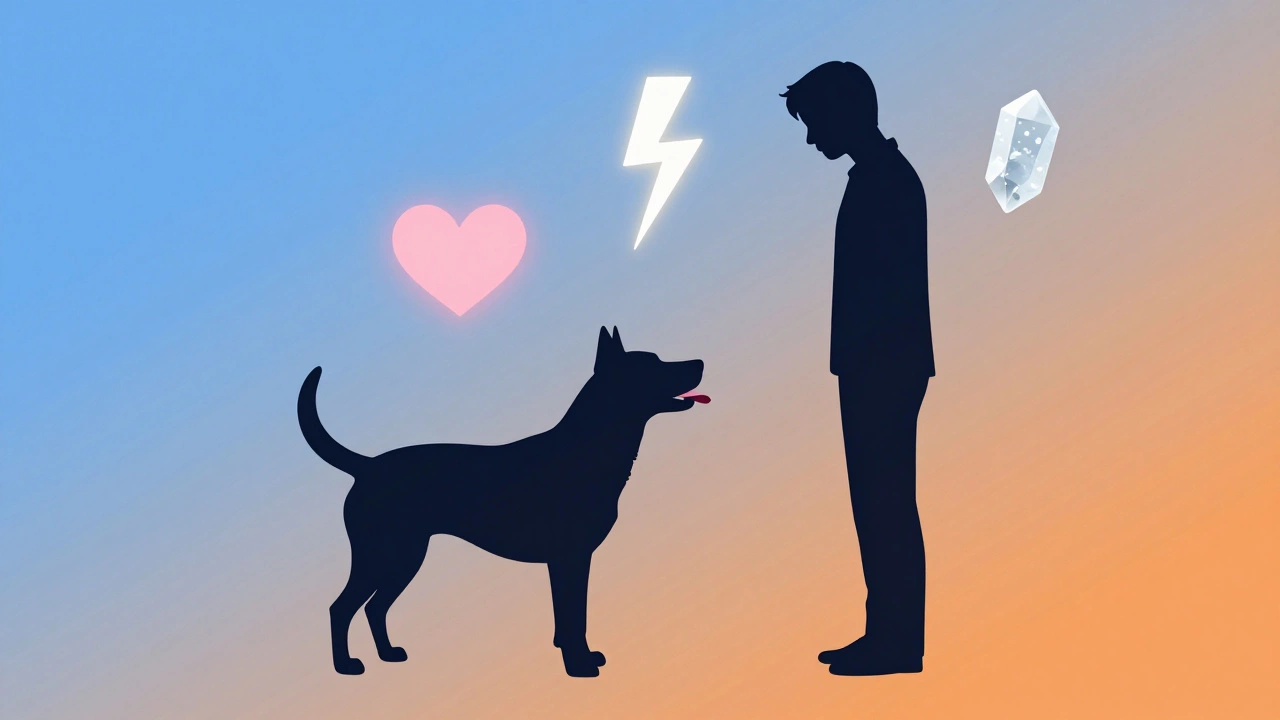 Conceptual art showing dog and human with emotion symbols
