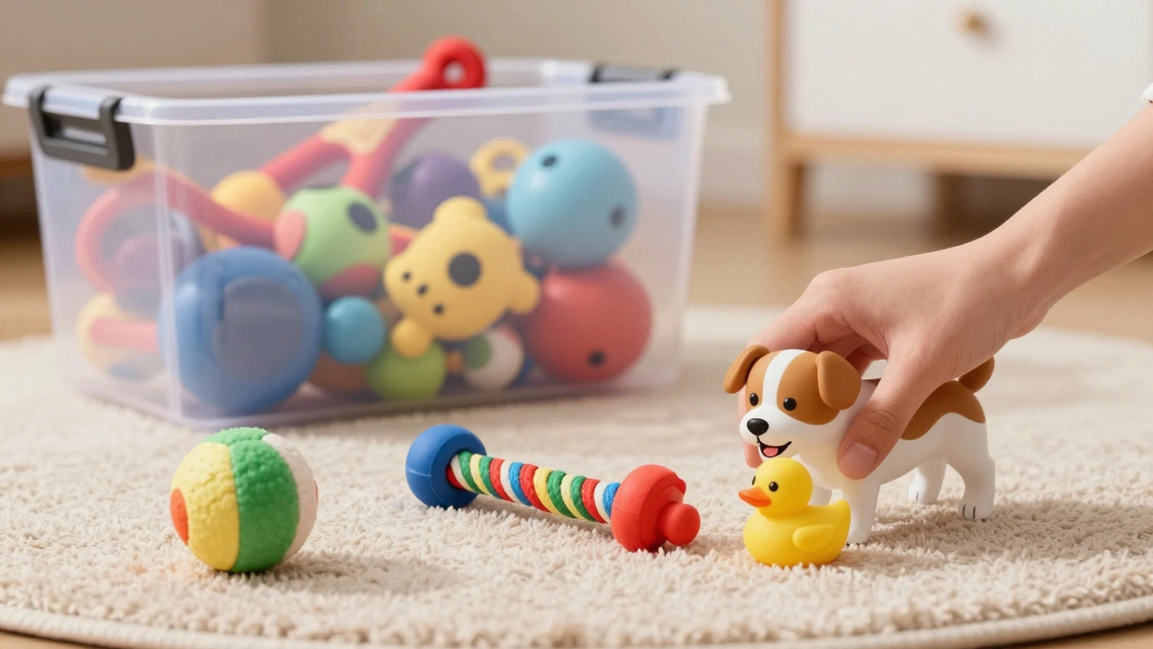 Dog toys being rotated from storage bin to play area