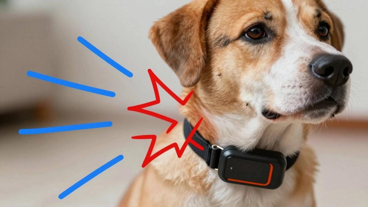Dog wearing bark collar with visualized stress symbols