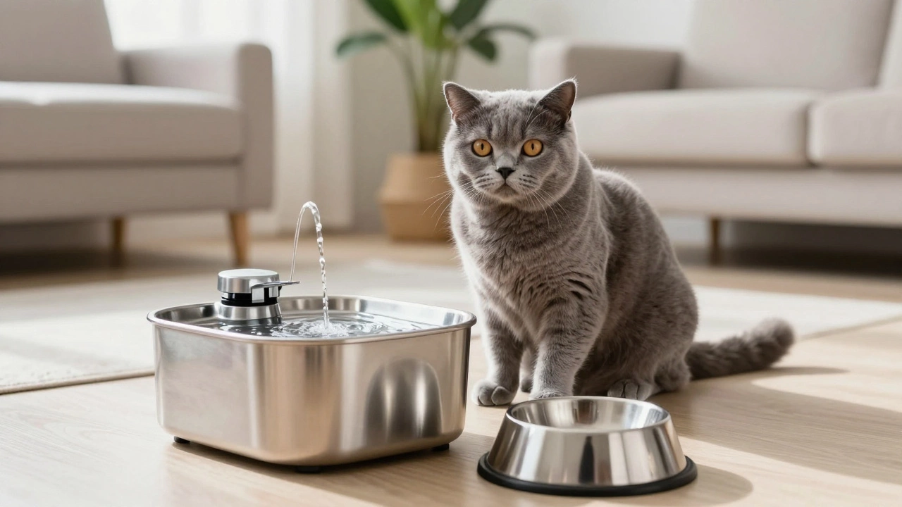 Grey cat sitting near a water fountain and clean bowl in a bright living room.