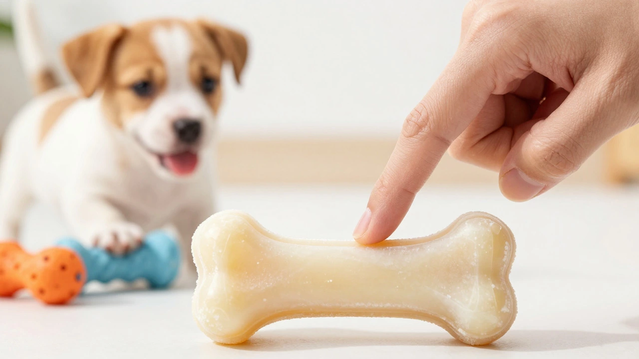 Hand testing chew toy hardness with fingernail