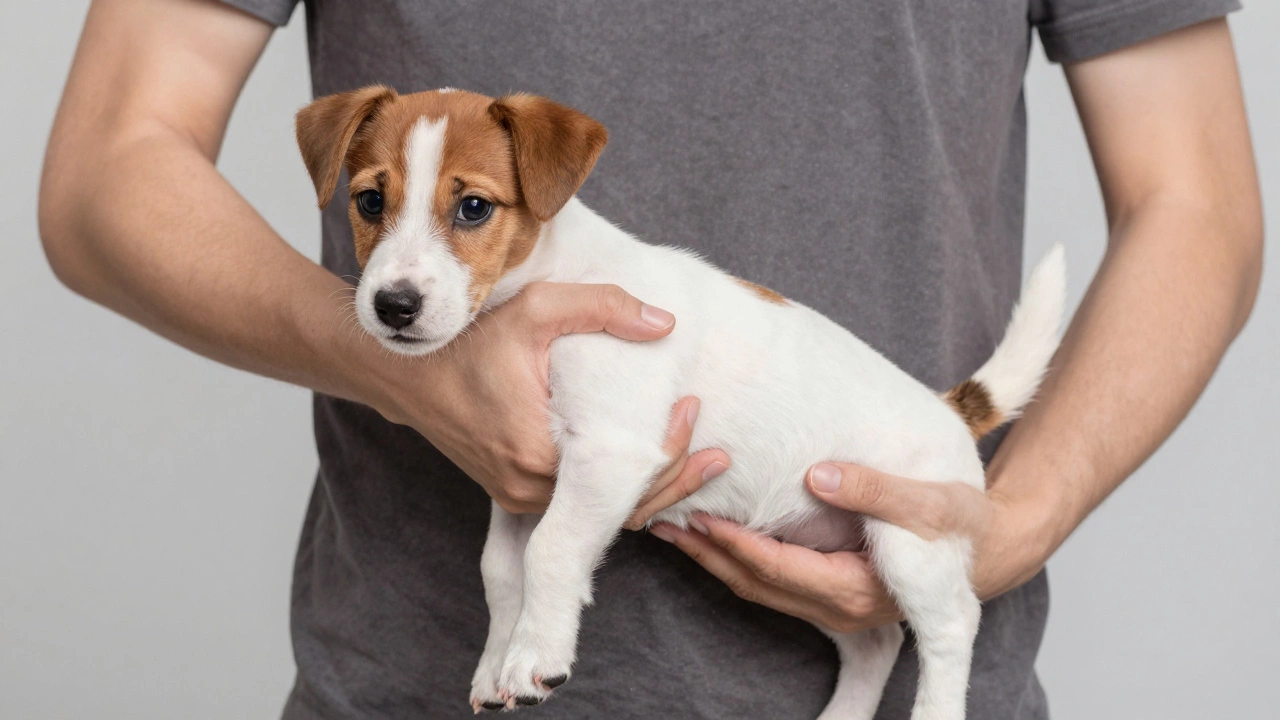 Hands correctly supporting a puppy's chest and hindquarters against a torso
