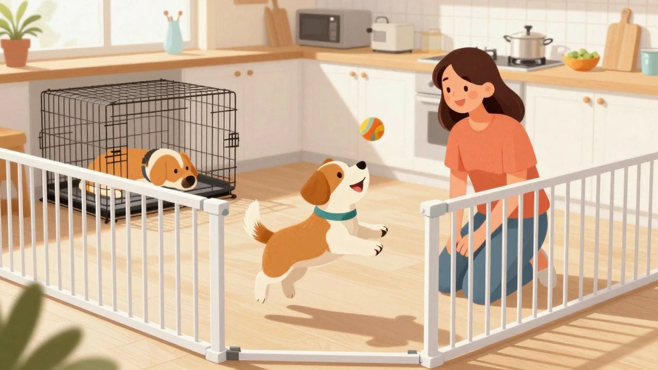 Happy puppy playing in a gated kitchen area with an open crate nearby