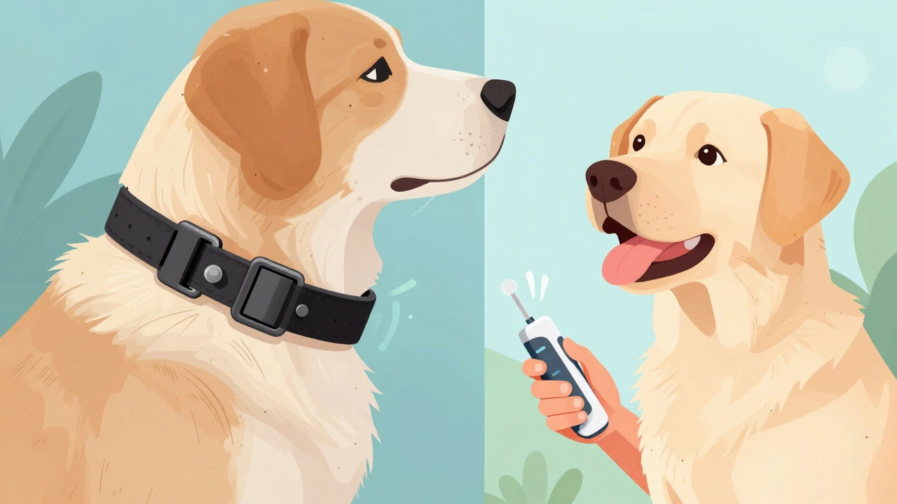 Illustration of a dog receiving a gentle vibration cue from a remote