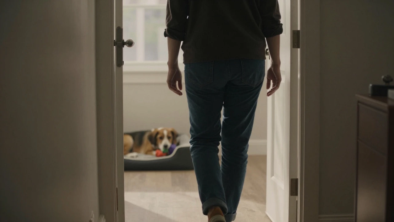 Owner leaving quietly while puppy chews calmly