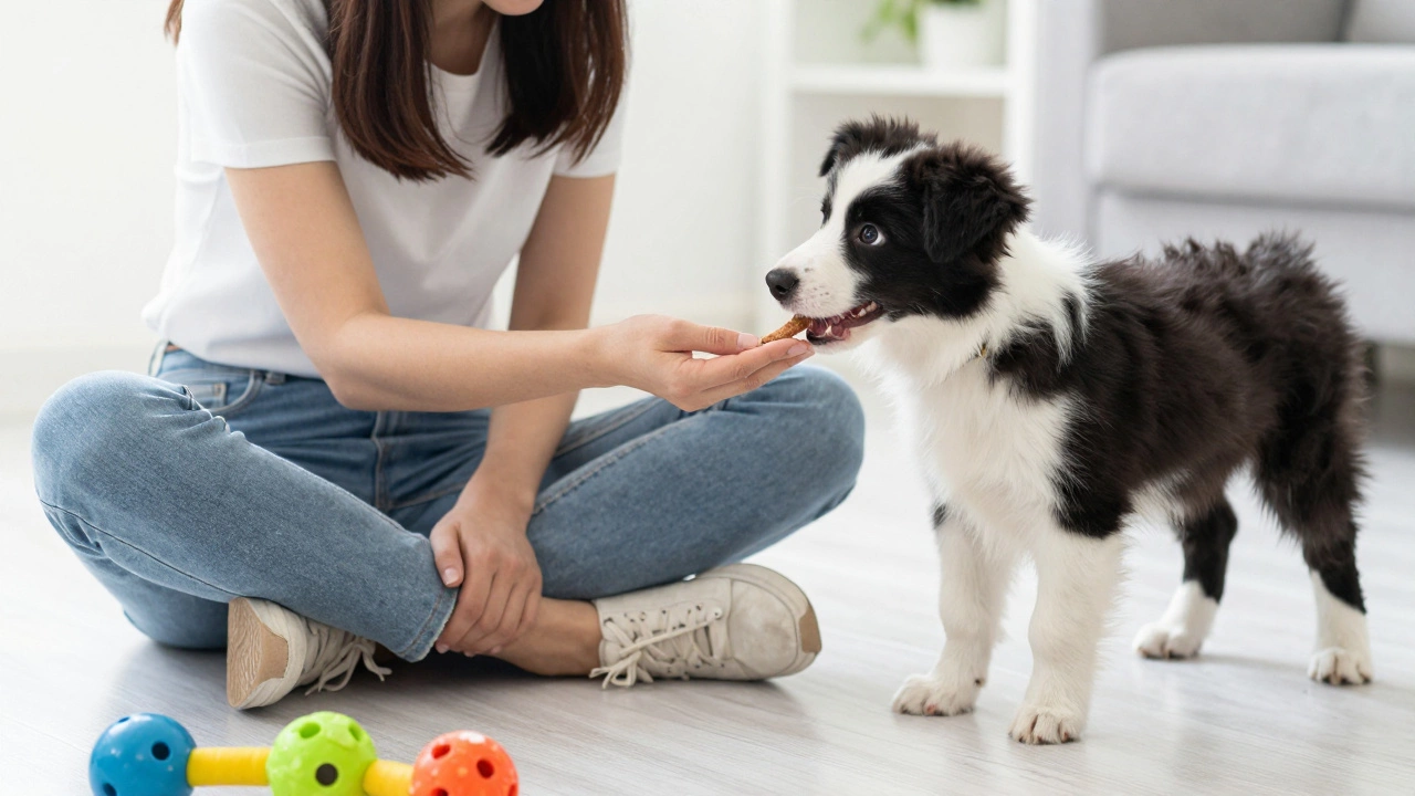 Owner sitting on floor giving a treat to a puppy for ground-level bonding