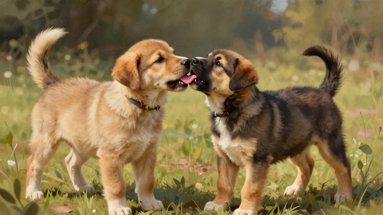 Puppy licking its mother's face in a sunny outdoor setting
