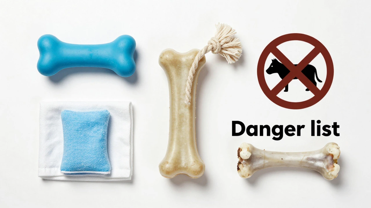 Safe puppy chews including rubber, rope, and frozen cloth