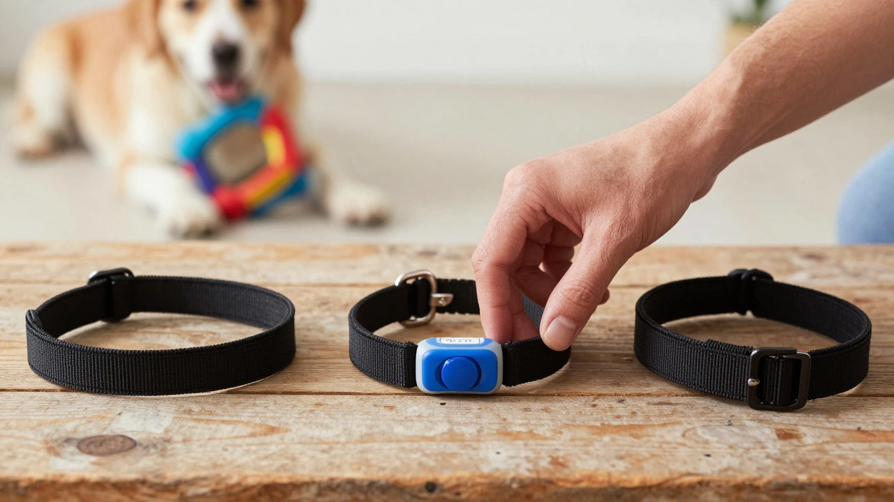 Trainer adjusting a vibrating collar next to other training tools