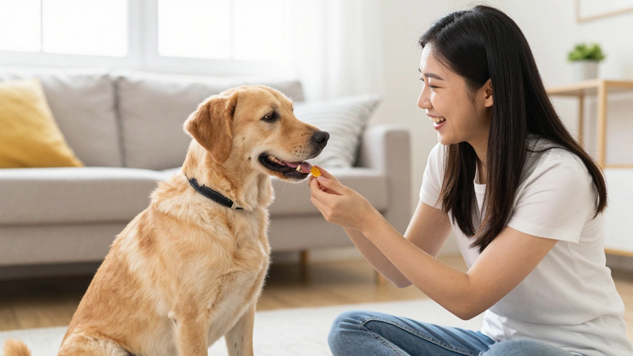 Trainer rewarding calm dog with treats in sunny room