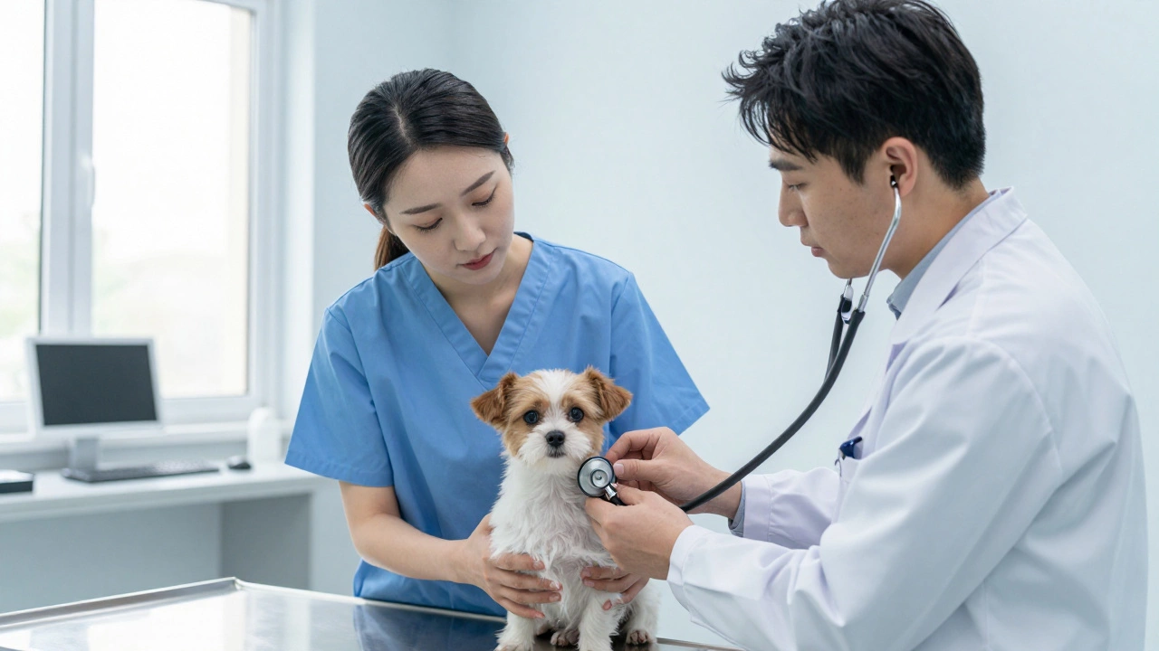 Veterinarian examining a dog held by an owner in a clinic