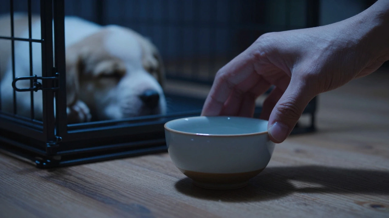 A hand removes a water bowl from beside a crate as part of a puppy's nightly routine.
