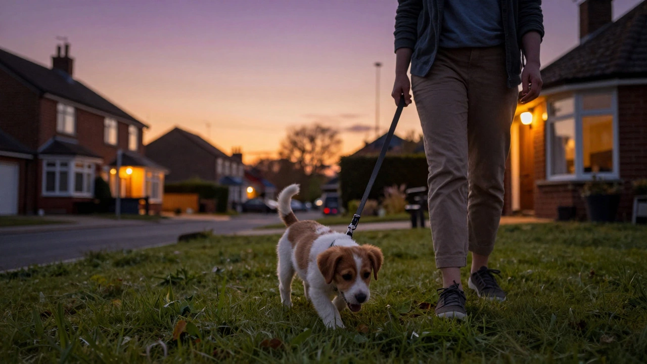 A person takes a small puppy for a final evening walk in a garden at dusk.