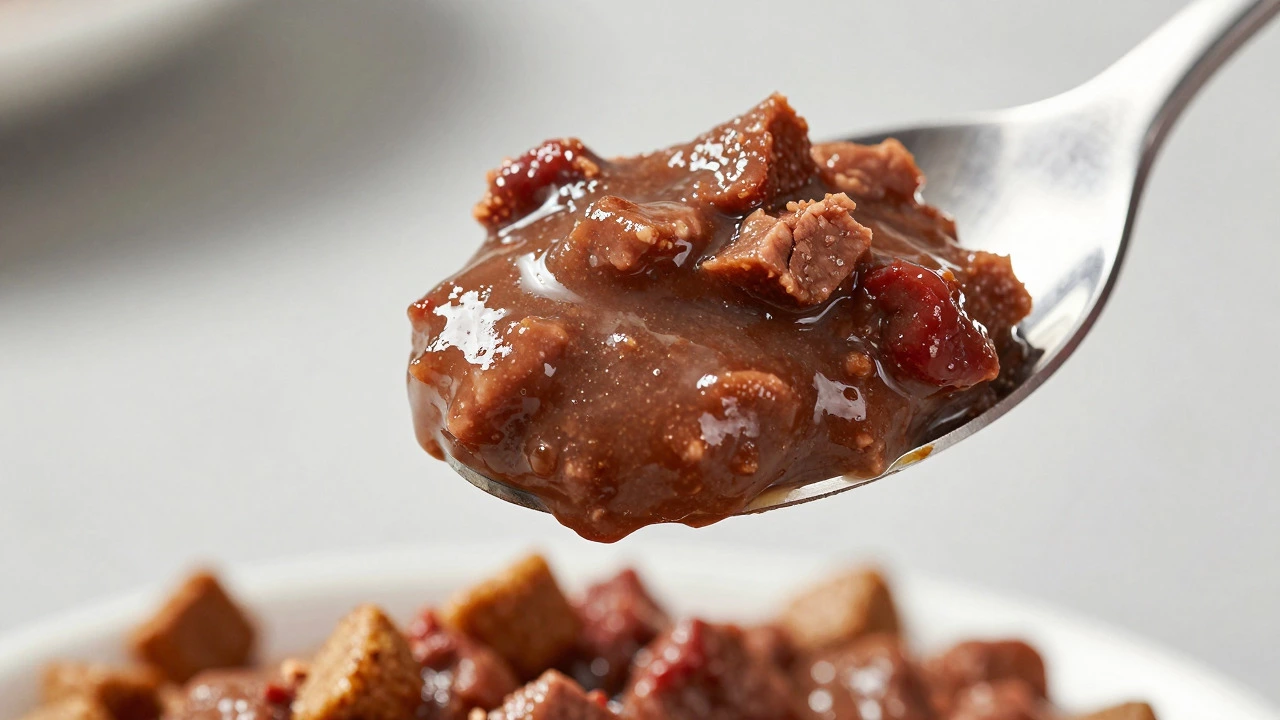 A spoon holding glossy wet cat food paste above dry kibble