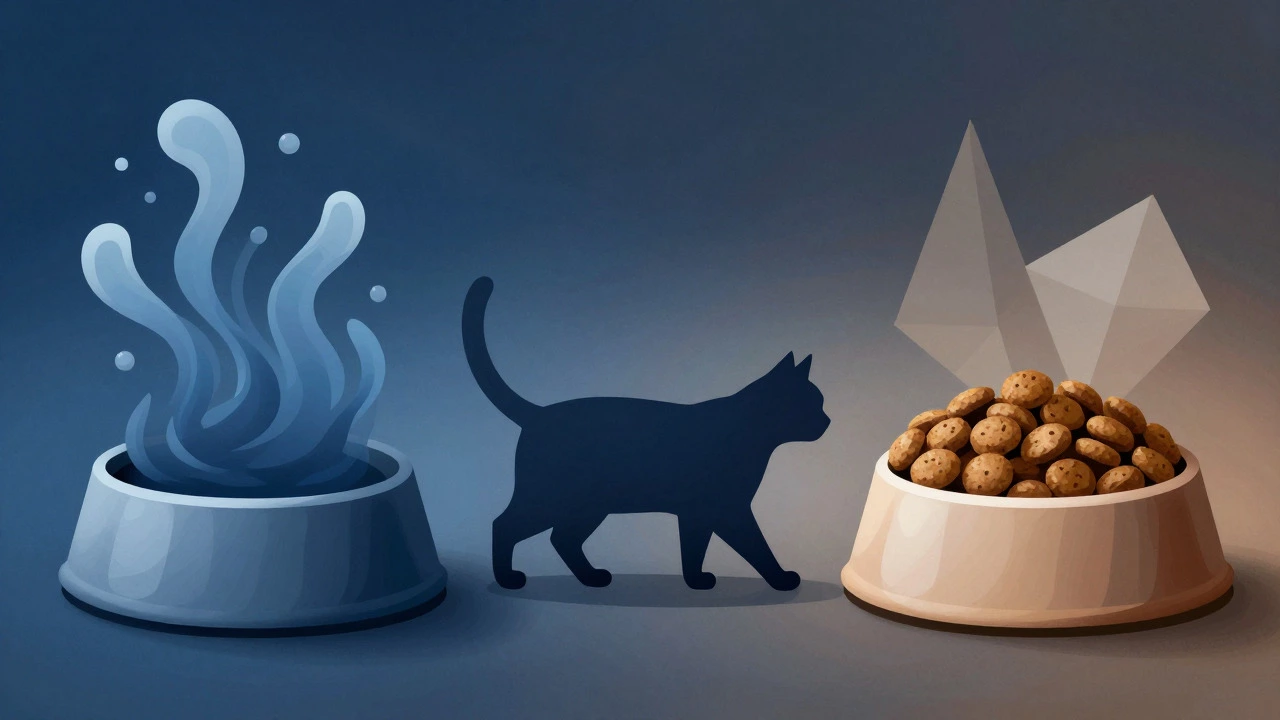 Abstract illustration comparing wet and dry cat food textures