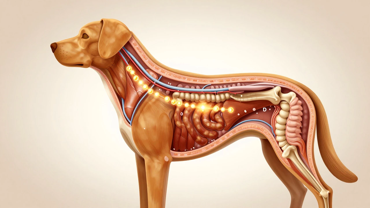 Abstract illustration of vitamin absorption in a dog's body