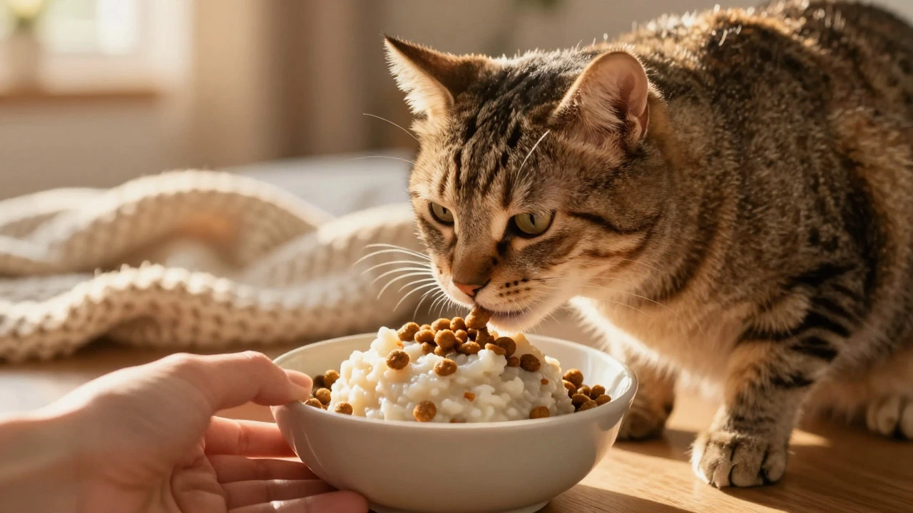 An elderly cat eating a mixed meal of wet and dry food