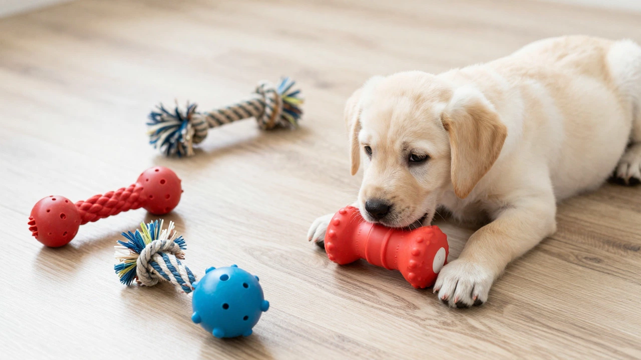 Assorted safe puppy toys on floor with playful pup