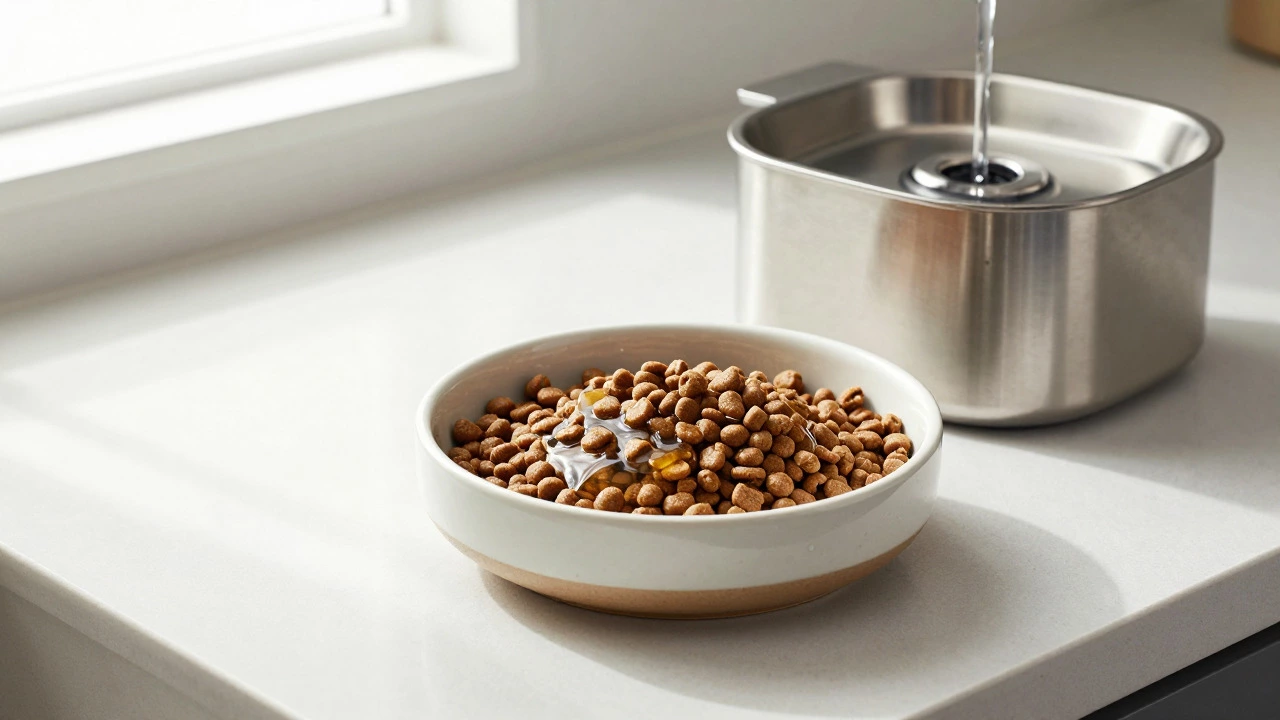 Bowl of mixed wet and dry cat food next to a water fountain