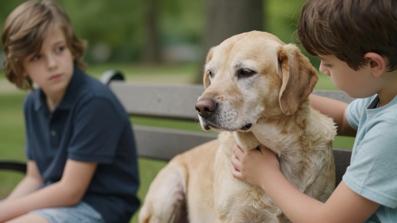 Child gently petting relaxed senior dog on park bench