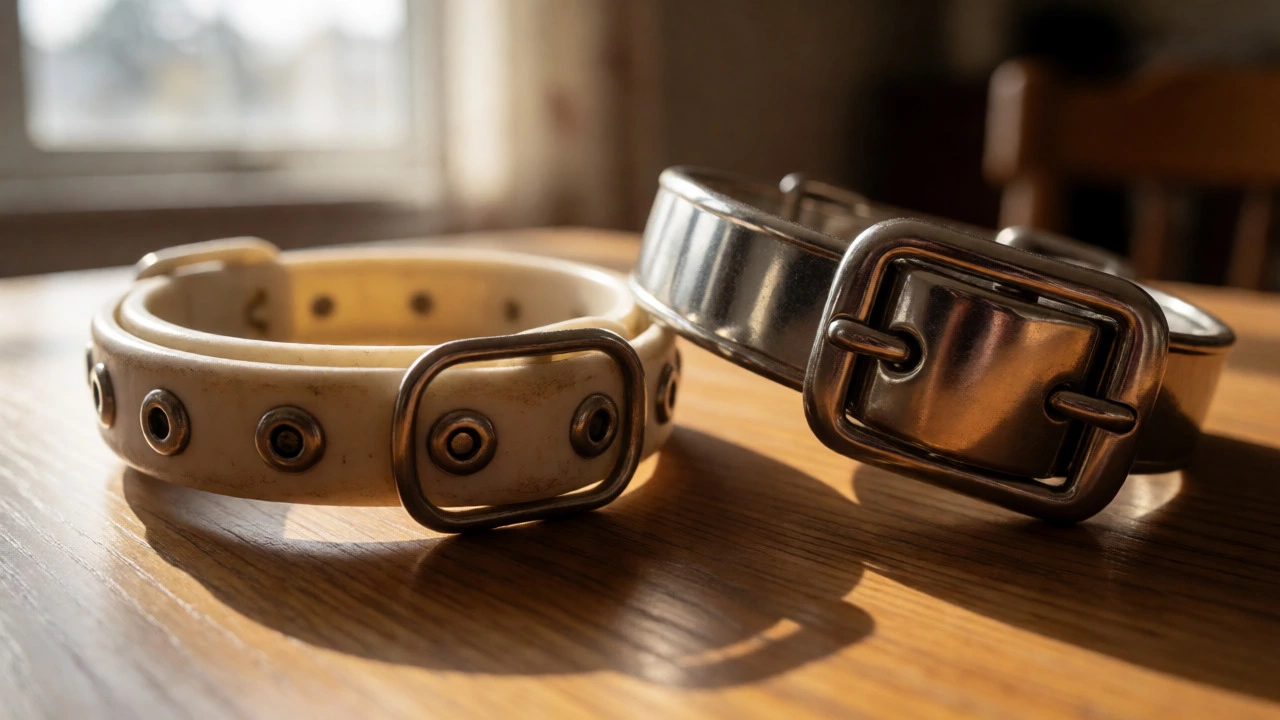 Close-up of a cracked plastic snap collar next to an intact metal buckle collar.