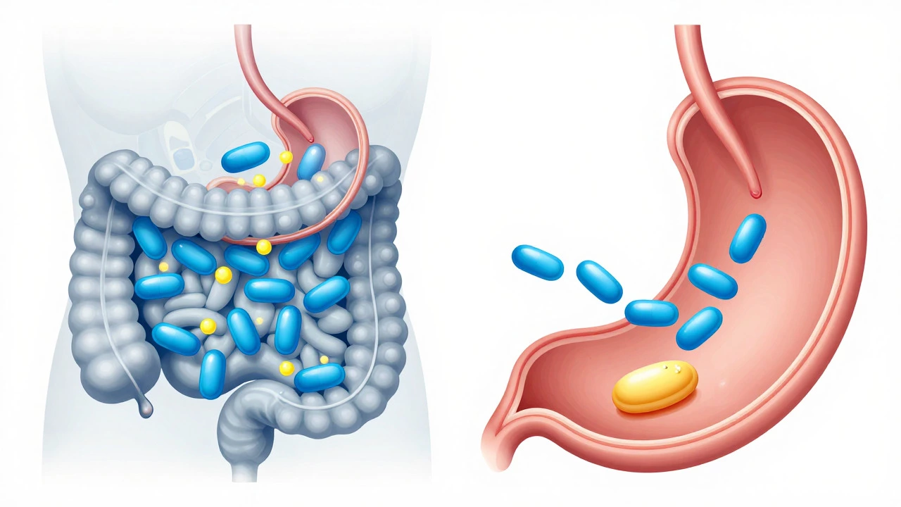 Conceptual art showing nutrient absorption with vs without food