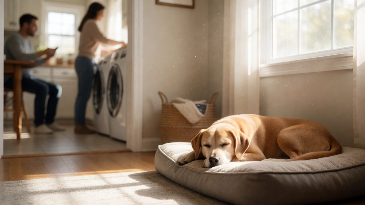 Confident puppy sleeping alone on a dog bed in a sunlit room