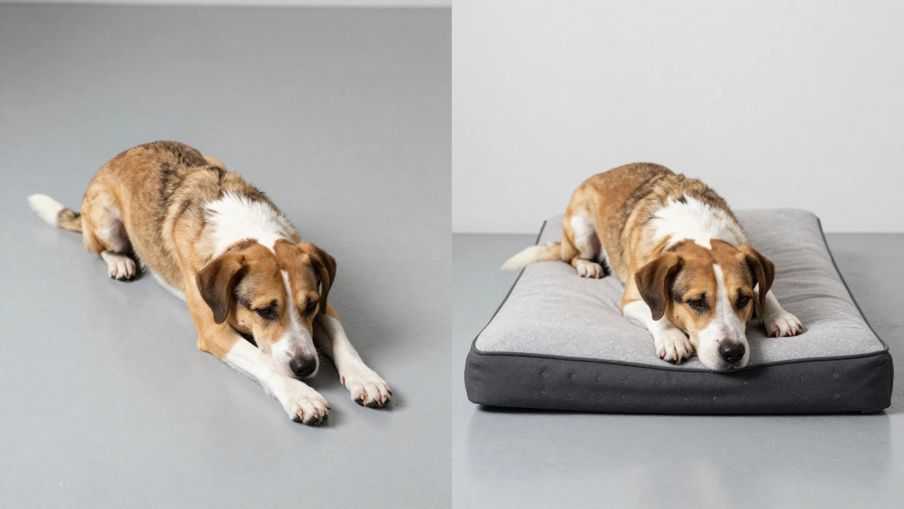 Contrast between dog on hard floor vs comfortable bed