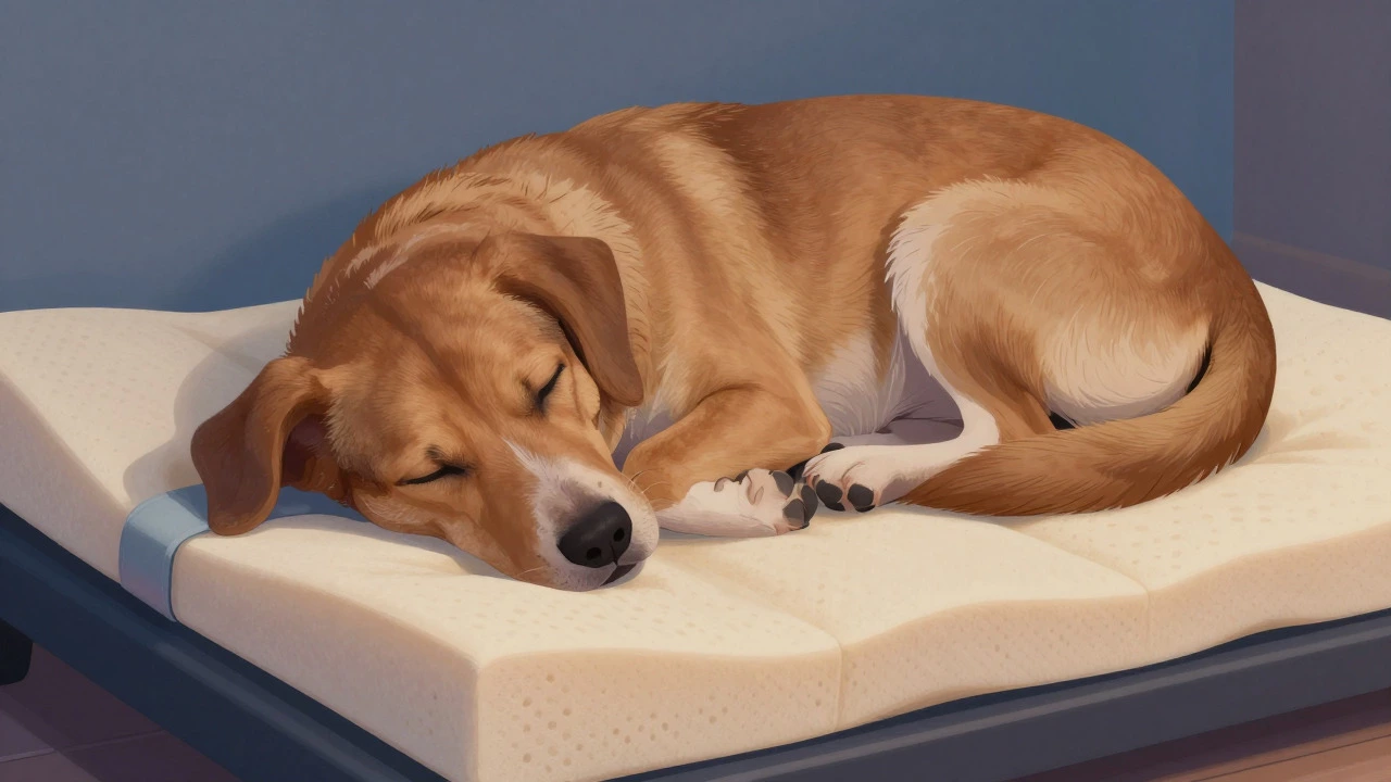 Dog sleeping peacefully on supportive orthopedic bed