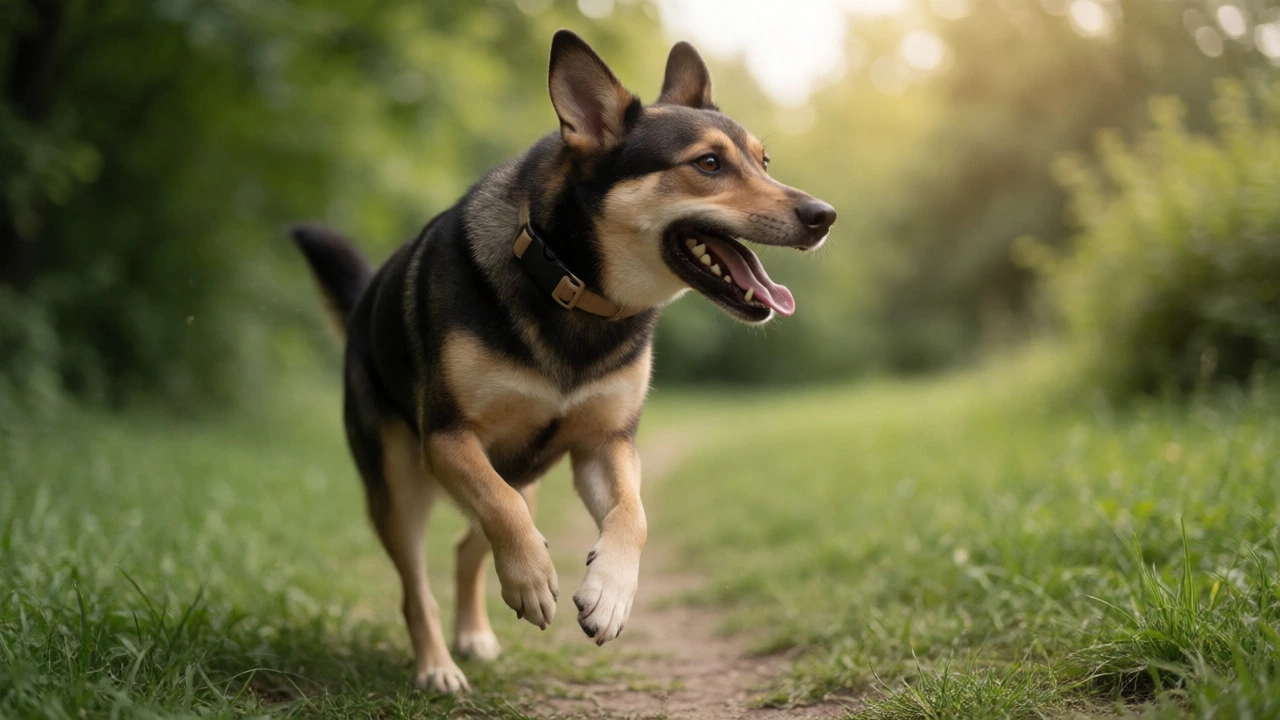 Dog wearing a taut nylon buckle collar while pulling on a leash in a park.