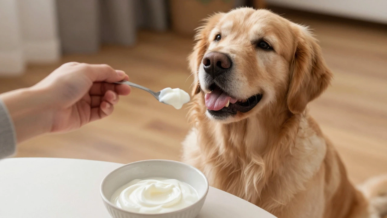 Golden Retriever looking up at a spoonful of yogurt held by an owner