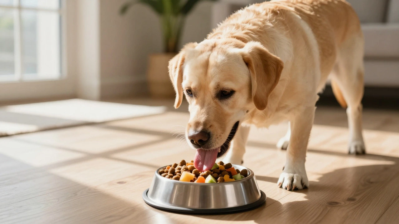 Happy dog eating a mix of kibble and fresh vegetables from a bowl on a wooden floor