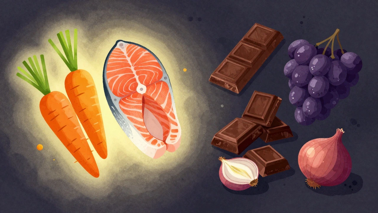 Illustration contrasting healthy dog foods like salmon with dangerous items like chocolate